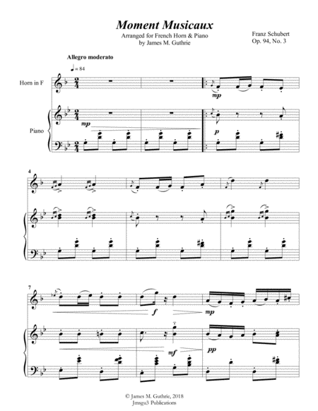 Schubert Moment Musicaux For French Horn Piano Sheet Music