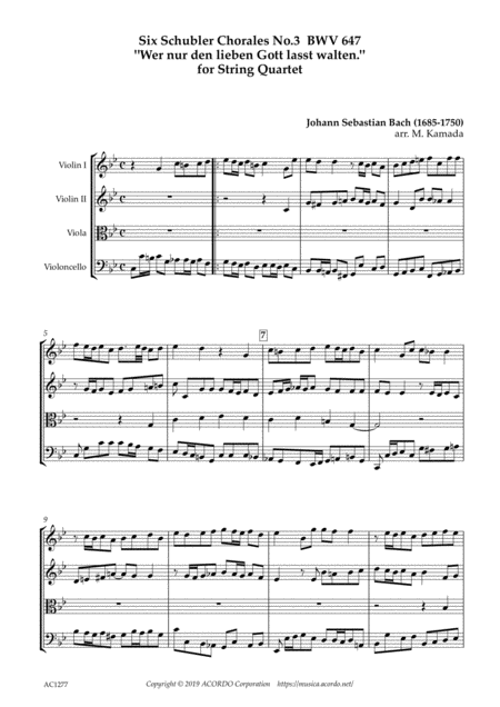 Schubler Chorales No 3 Bwv 647 Wer Nur Den Lieben Gott Lasst Walten For String Quartet Sheet Music