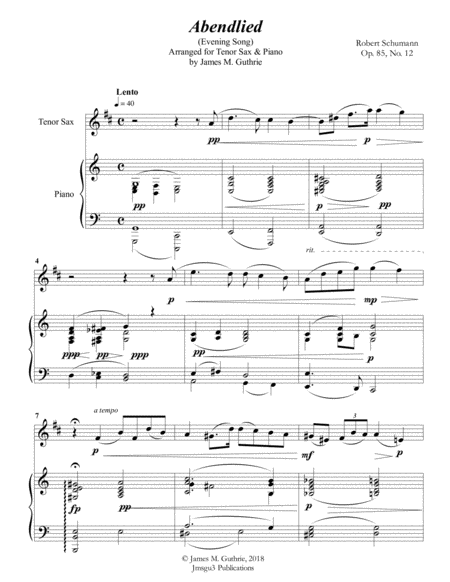 Free Sheet Music Schumann Abendlied For Tenor Sax Piano