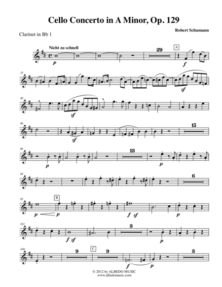 Schumann Cello Concerto Clarinet In Bb 1 Transposed Part Op 129 Sheet Music