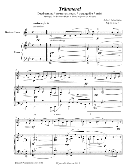 Free Sheet Music Schumann Trumerei Op 15 No 7 For Baritone Horn Piano