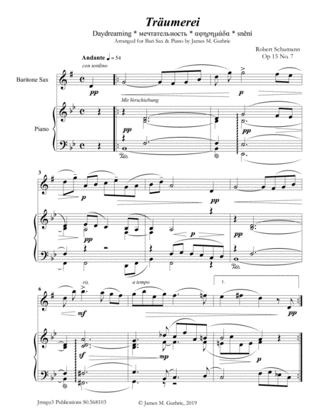 Free Sheet Music Schumann Trumerei Op 15 No 7 For Baritone Sax Piano