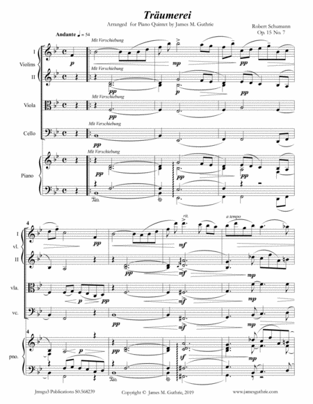 Schumann Trumerei Op 15 No 7 For Piano Quintet Sheet Music