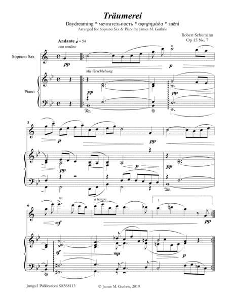 Schumann Trumerei Op 15 No 7 For Soprano Sax Piano Sheet Music