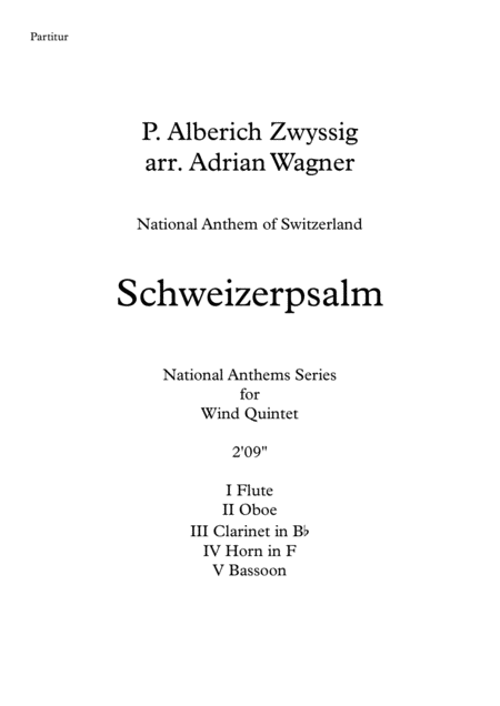 Free Sheet Music Schweizerpsalm National Anthem Of Switzerland Wind Quintet Arr Adrian Wagner