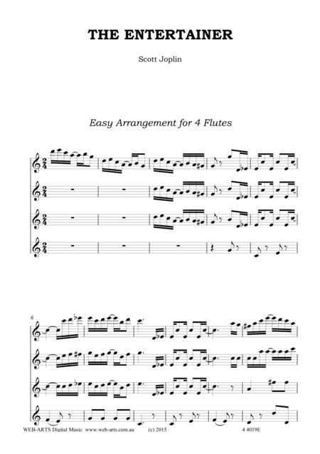 Free Sheet Music Scott Joplin The Entertainer Easy Arrangement For 4 Flutes