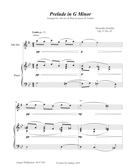 Scriabin Prelude In G Minor For Alto Sax Piano Sheet Music