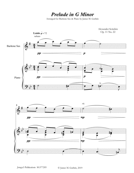 Scriabin Prelude In G Minor For Baritone Sax Piano Sheet Music