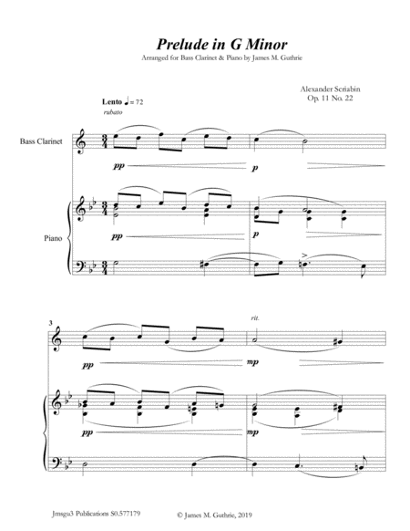 Scriabin Prelude In G Minor For Bass Clarinet Piano Sheet Music