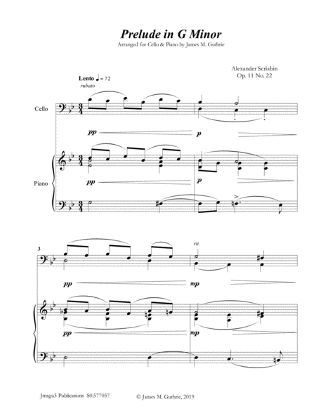 Free Sheet Music Scriabin Prelude In G Minor For Cello Piano