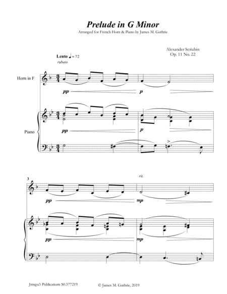 Scriabin Prelude In G Minor For French Horn Piano Sheet Music