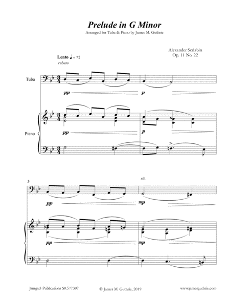 Scriabin Prelude In G Minor For Tuba Piano Sheet Music