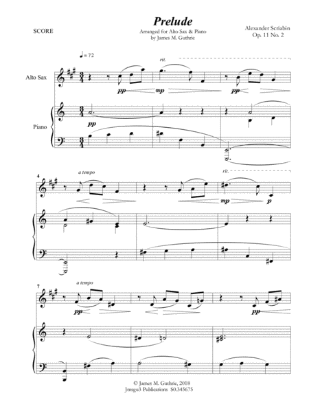 Scriabin Prelude Op 11 No 2 For Alto Sax Piano Sheet Music