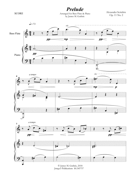 Scriabin Prelude Op 11 No 2 For Bass Flute Piano Sheet Music