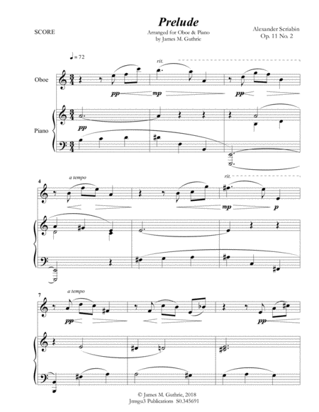 Scriabin Prelude Op 11 No 2 For Oboe Piano Sheet Music