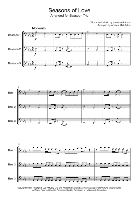 Seasons Of Love Arranged For Bassoon Trio Sheet Music