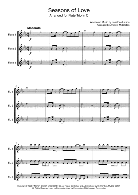 Seasons Of Love Arranged For Flute Trio Sheet Music