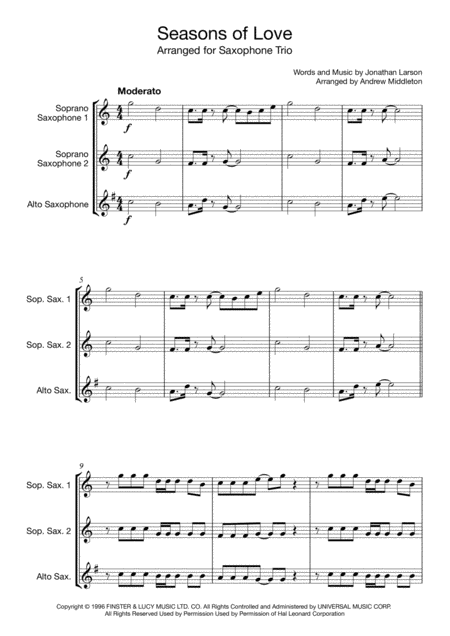 Seasons Of Love Arranged For Saxophone Trio Sheet Music