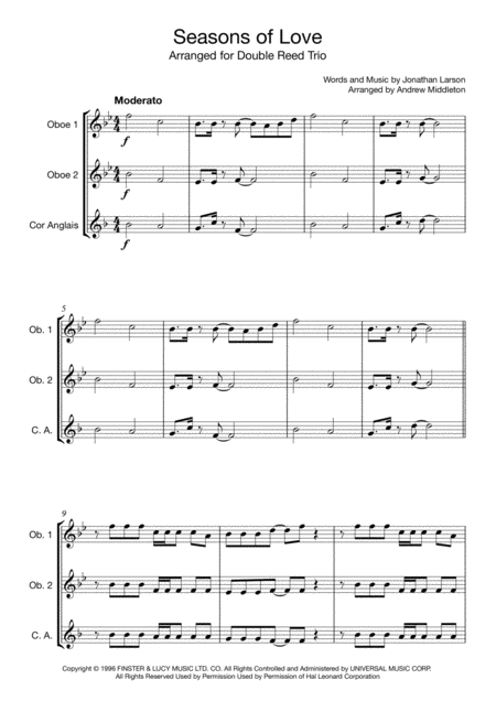 Free Sheet Music Seasons Of Love Arranged For Two Oboes Cor Anglais