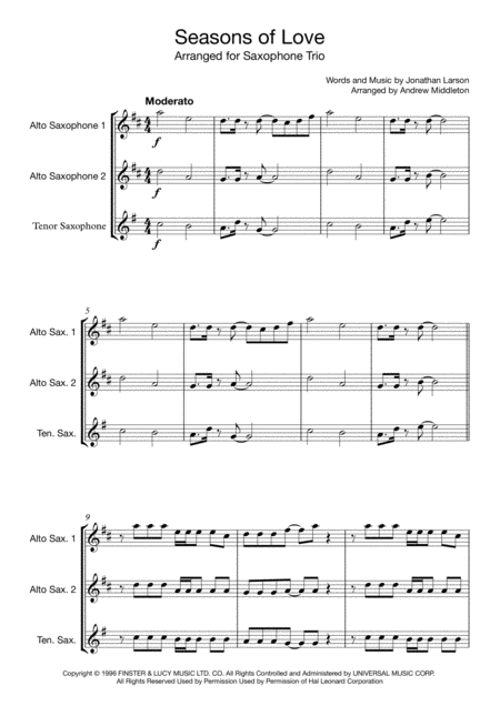 Seasons Of Love For Saxophone Trio Sheet Music