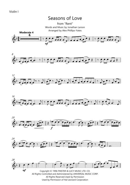 Seasons Of Love From The Musical Rent String Quartet Sheet Music