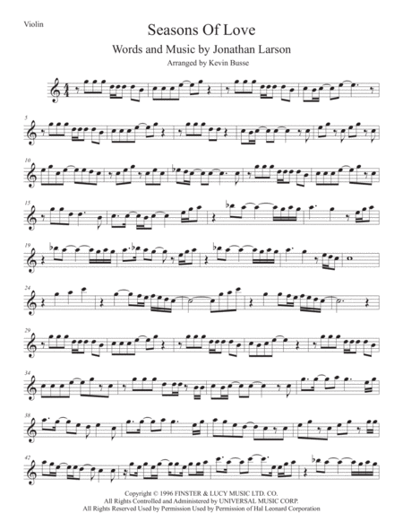 Seasons Of Love Violin Easy Key Of C Sheet Music