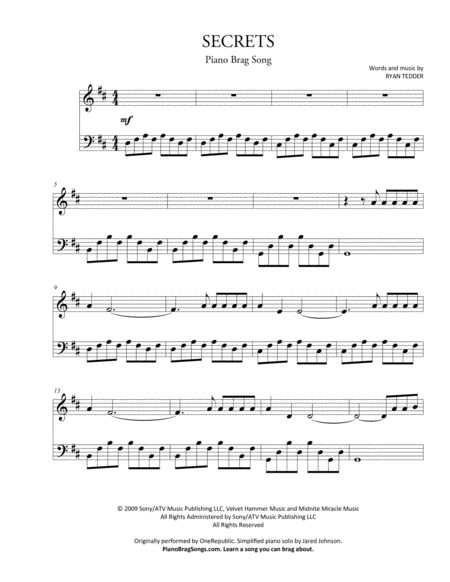 Secrets Short Piano Solo Sheet Music