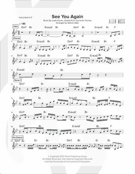 See You Again Allen Music C Instruments Sheet Music