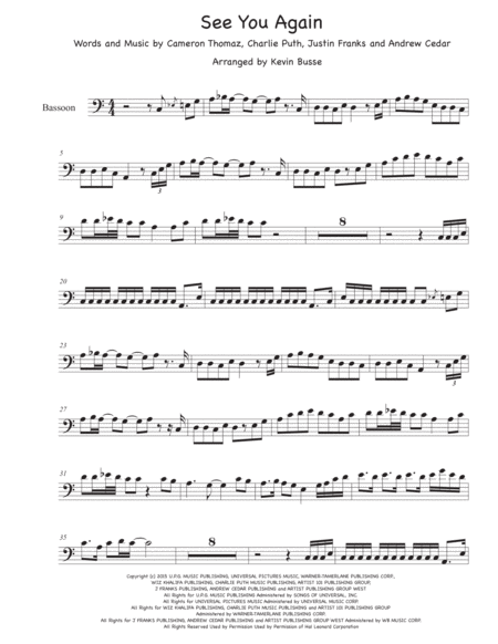 See You Again Easy Key Of C Bassoon Sheet Music