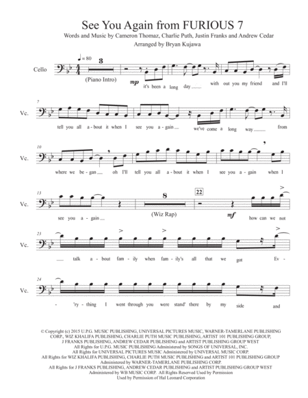 See You Again From Furious 7 Cello Solo Sheet Music