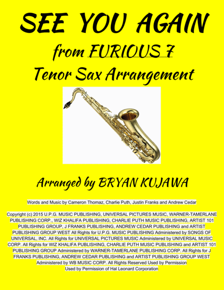 See You Again From Furious 7 Tenor Sax Solo Sheet Music