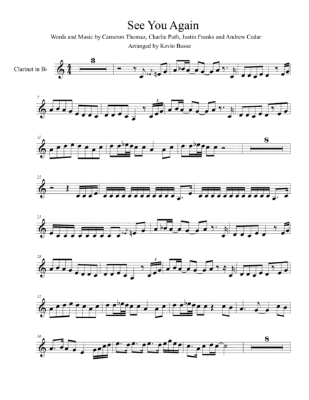 Free Sheet Music See You Again Original Key Bb Clarinet