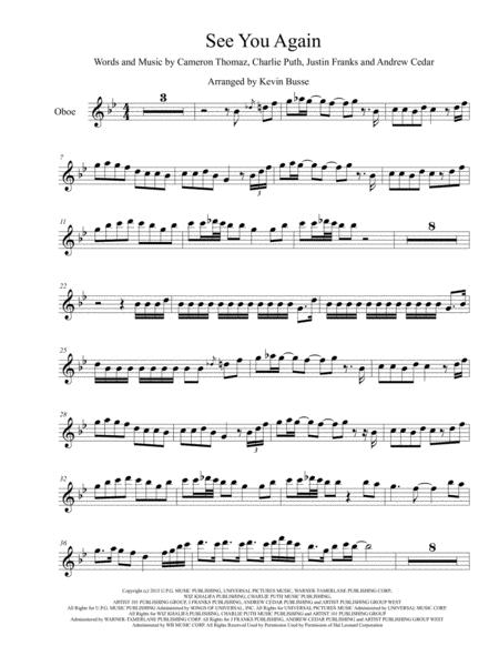 See You Again Original Key Oboe Sheet Music