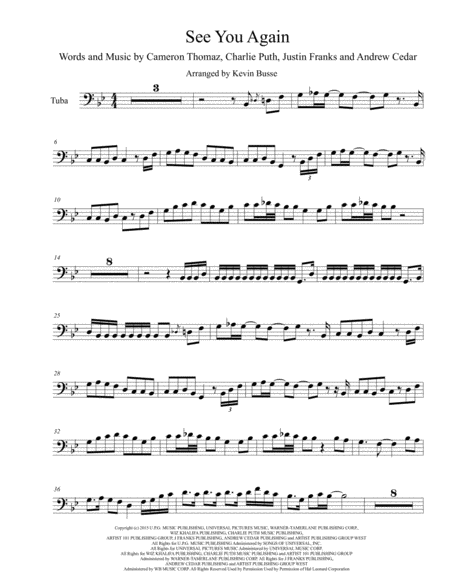 Free Sheet Music See You Again Original Key Tuba