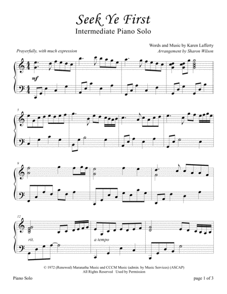 Seek Ye First Intermediate Sacred Piano Solo Sheet Music