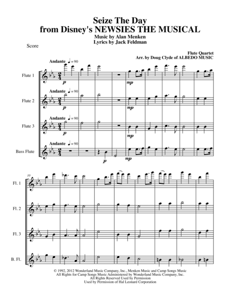 Free Sheet Music Seize The Day From Disneys Newsies The Musical For Flute Quartet