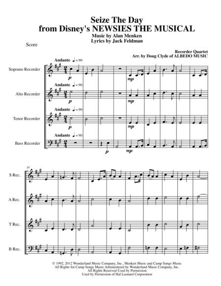 Free Sheet Music Seize The Day From Disneys Newsies The Musical For Recorder Quartet
