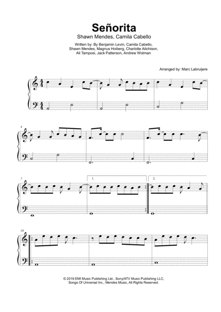 Senorita Mendes Cabello Easy Piano Sheet Music