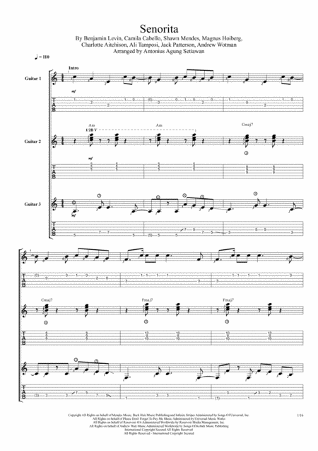 Free Sheet Music Senorita Trio Guitar Tablature