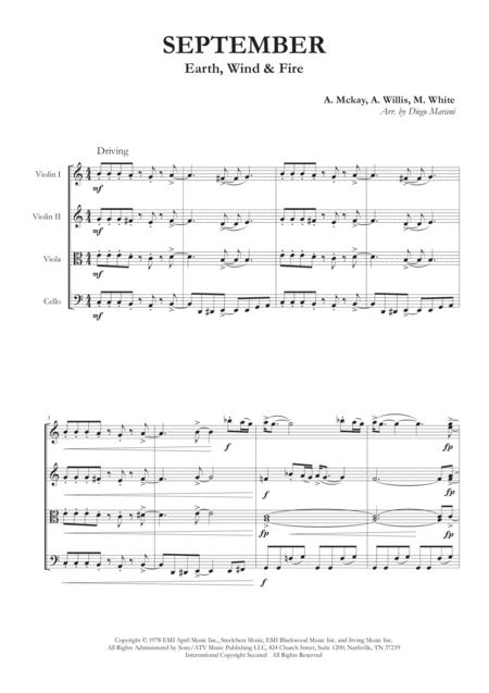 September By Earth Wind Fire For String Quartet Sheet Music