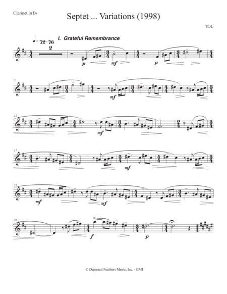 Septet Opus 77 Variations On A Shaker Tune 1998 Clarinet Part Sheet Music