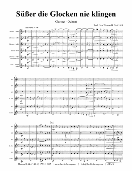 Ser Die Glocken Nie Klingen German Christmas Song Clarinet Quintet Sheet Music