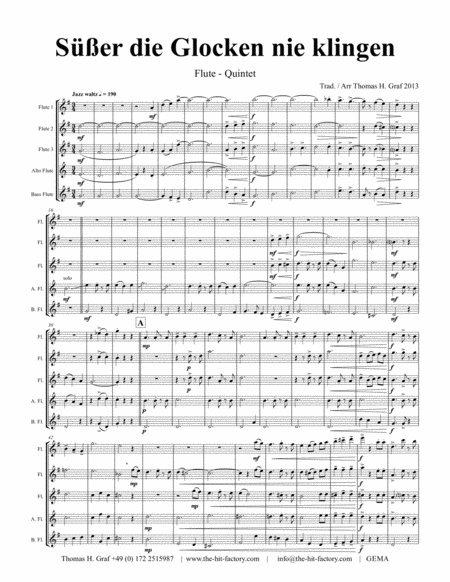 Ser Die Glocken Nie Klingen German Christmas Song Flute Quintet Sheet Music