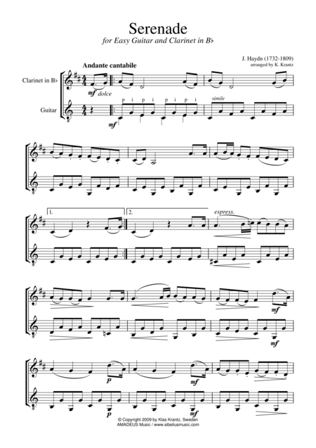 Serenade Abridged For Clarinet In Bb And Easy Guitar Sheet Music