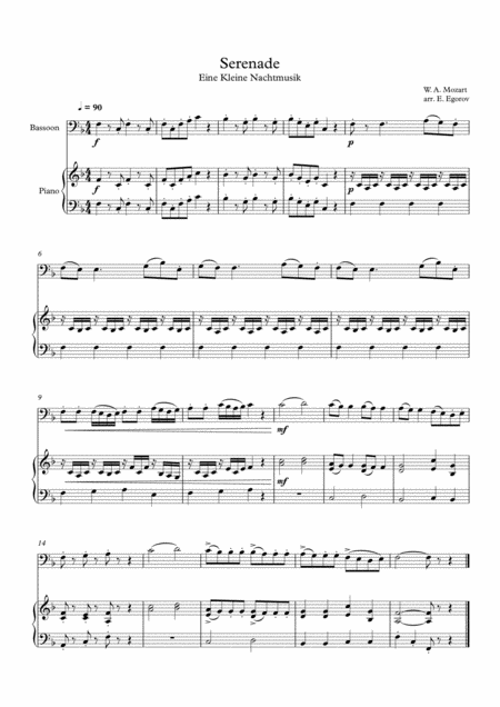 Serenade Eine Kleine Nachtmusik Wolfgang Amadeus Mozart For Bassoon Piano Sheet Music