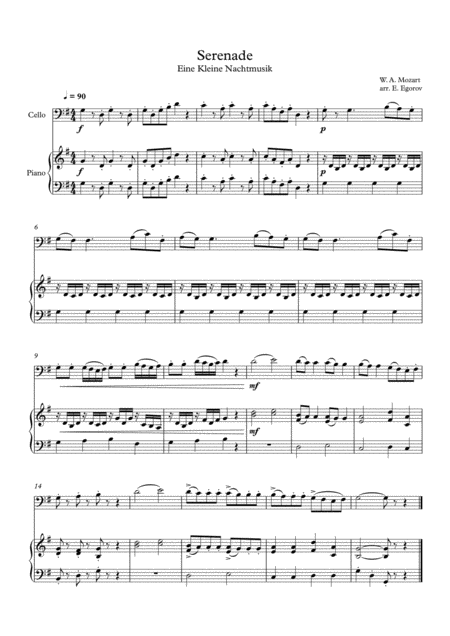 Serenade Eine Kleine Nachtmusik Wolfgang Amadeus Mozart For Cello Piano Sheet Music