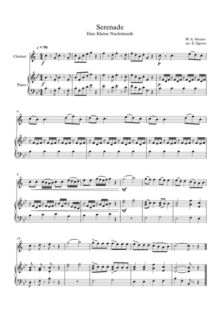 Serenade Eine Kleine Nachtmusik Wolfgang Amadeus Mozart For Clarinet Piano Sheet Music