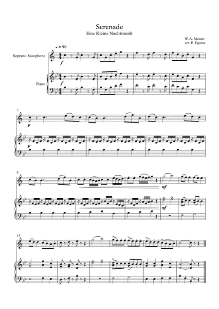 Serenade Eine Kleine Nachtmusik Wolfgang Amadeus Mozart For Soprano Saxophone Piano Sheet Music