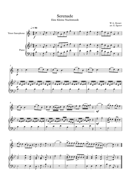 Serenade Eine Kleine Nachtmusik Wolfgang Amadeus Mozart For Tenor Saxophone Piano Sheet Music