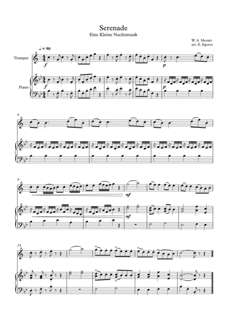 Serenade Eine Kleine Nachtmusik Wolfgang Amadeus Mozart For Trumpet Piano Sheet Music